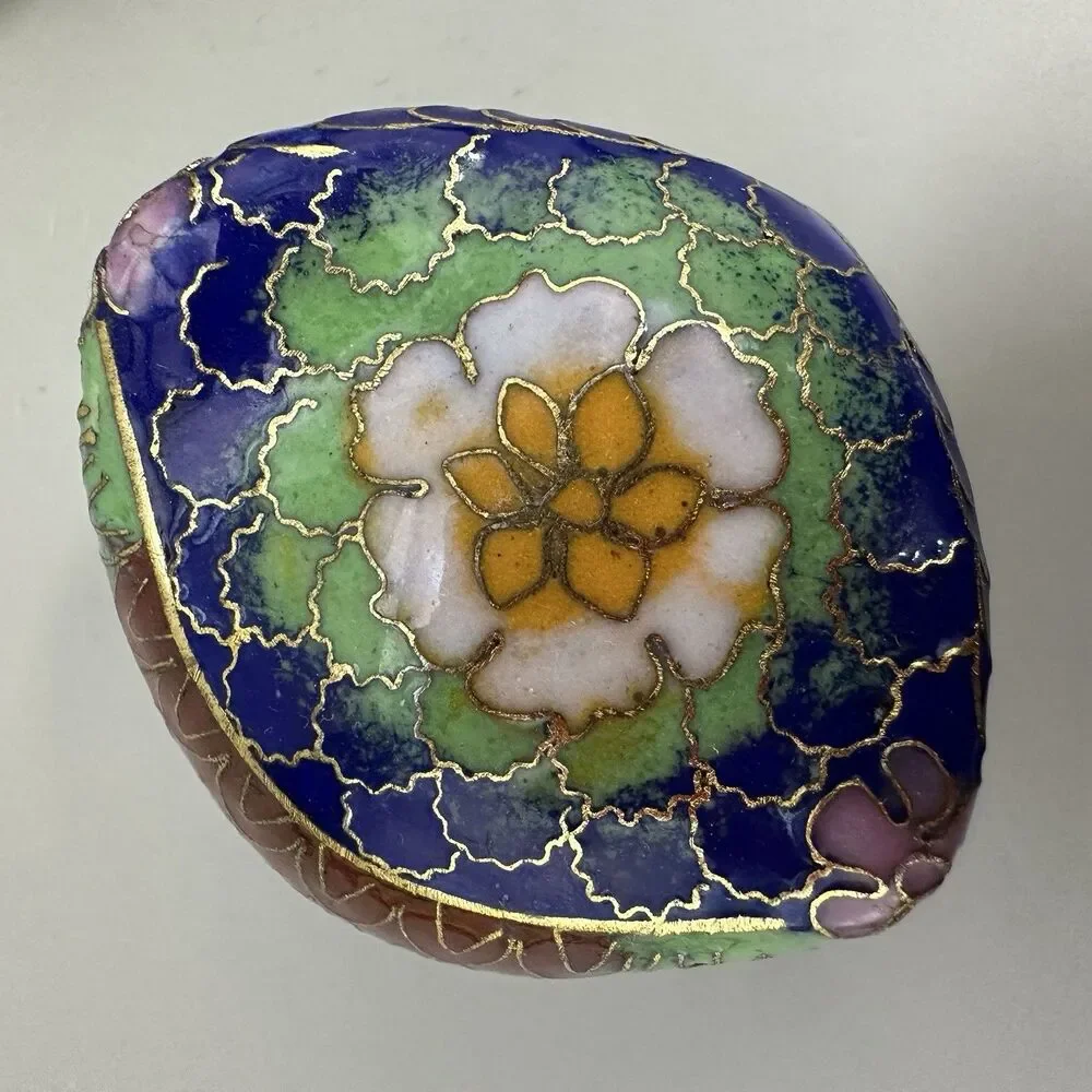 VTG Cloisonne Owl Trinket Box Mini Enamel Bird Figurine Jewelry Pill Box 2”